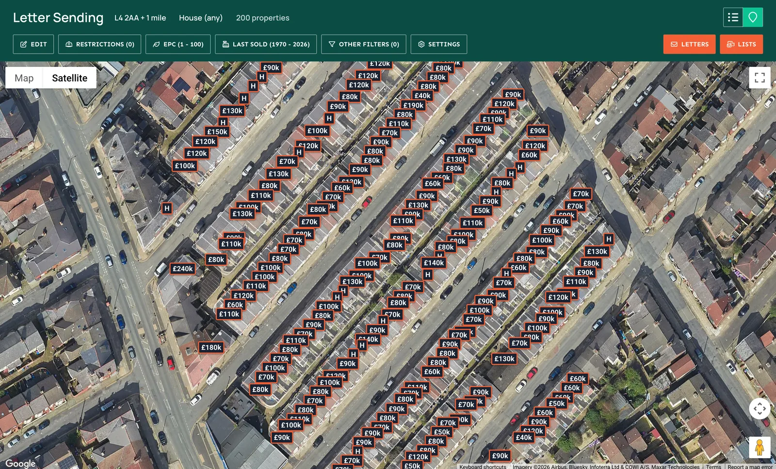 Letter Sending map of 200 houses in Liverpool L4 with an estimated value on each
