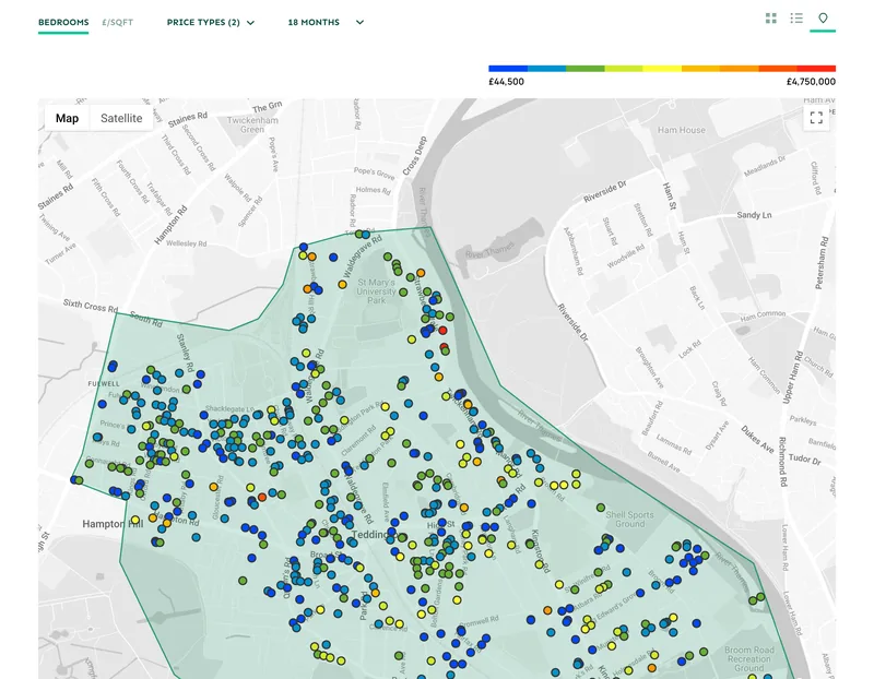 Local Data map of sold prices across Teddington