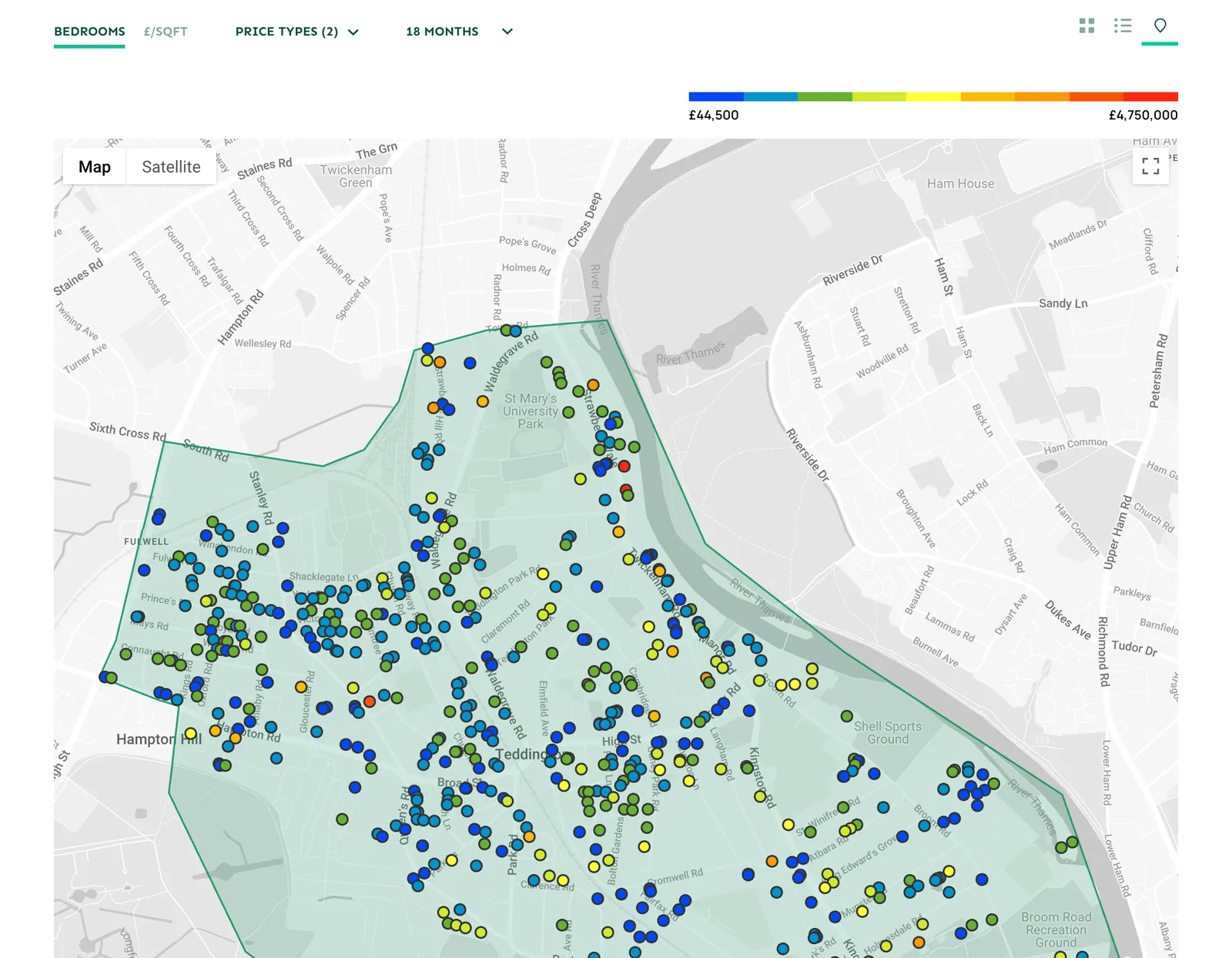 Local Data map of sold prices across Teddington, coloured by price
