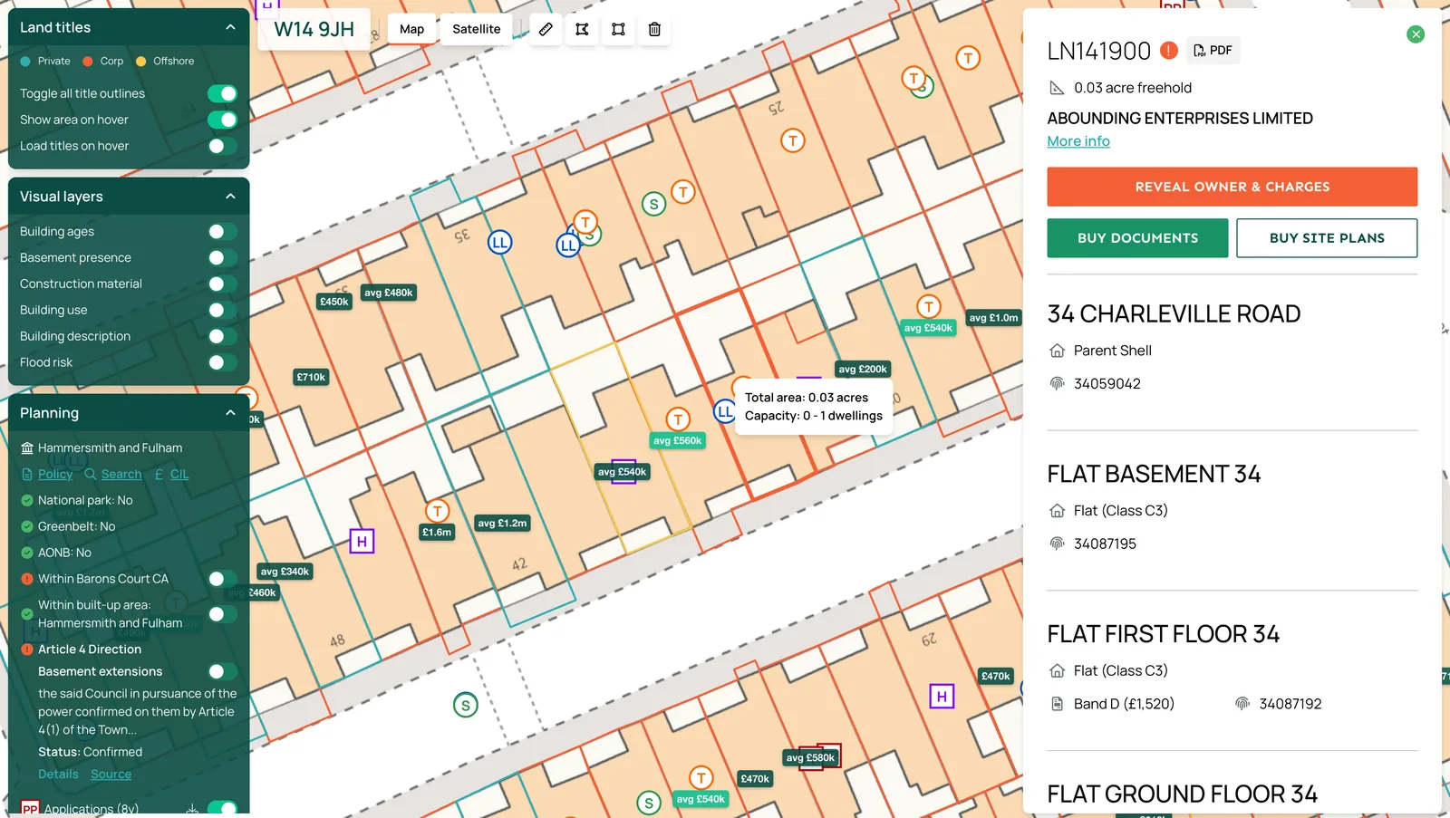 Plot Map showing Land Registry title boundaries, sold prices and planning applications, with the owner of the selected freehold